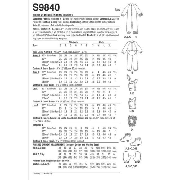 Simplicity Pattern 9840 Kids Adult Costume Bunny Bear Lion Cat Kangaroo New - Picture 2 of 8